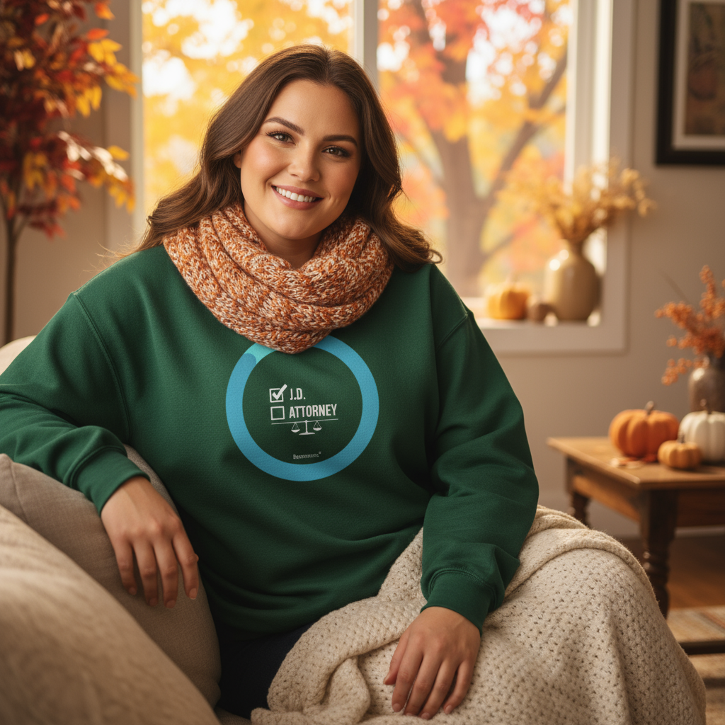 Woman sitting on comfy couch wearing green graphic sweatshirt with Barmantics graphic which depicts the J.D. being checked off in box and Attorney box next to be filled.