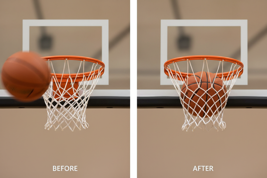 Basketball missing the hoop then swishing through — before and after representing bar exam failing and success