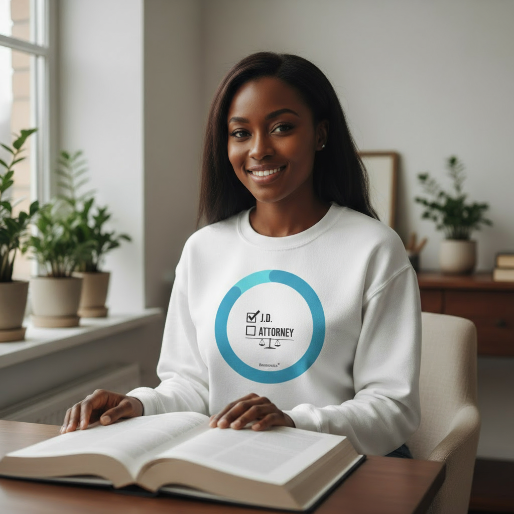 Woman wearing white motivational bar exam candidate sweatshirt with J.D. being depicted as accomplished with a checkmark and Attorney being next to check off in a now empty box.