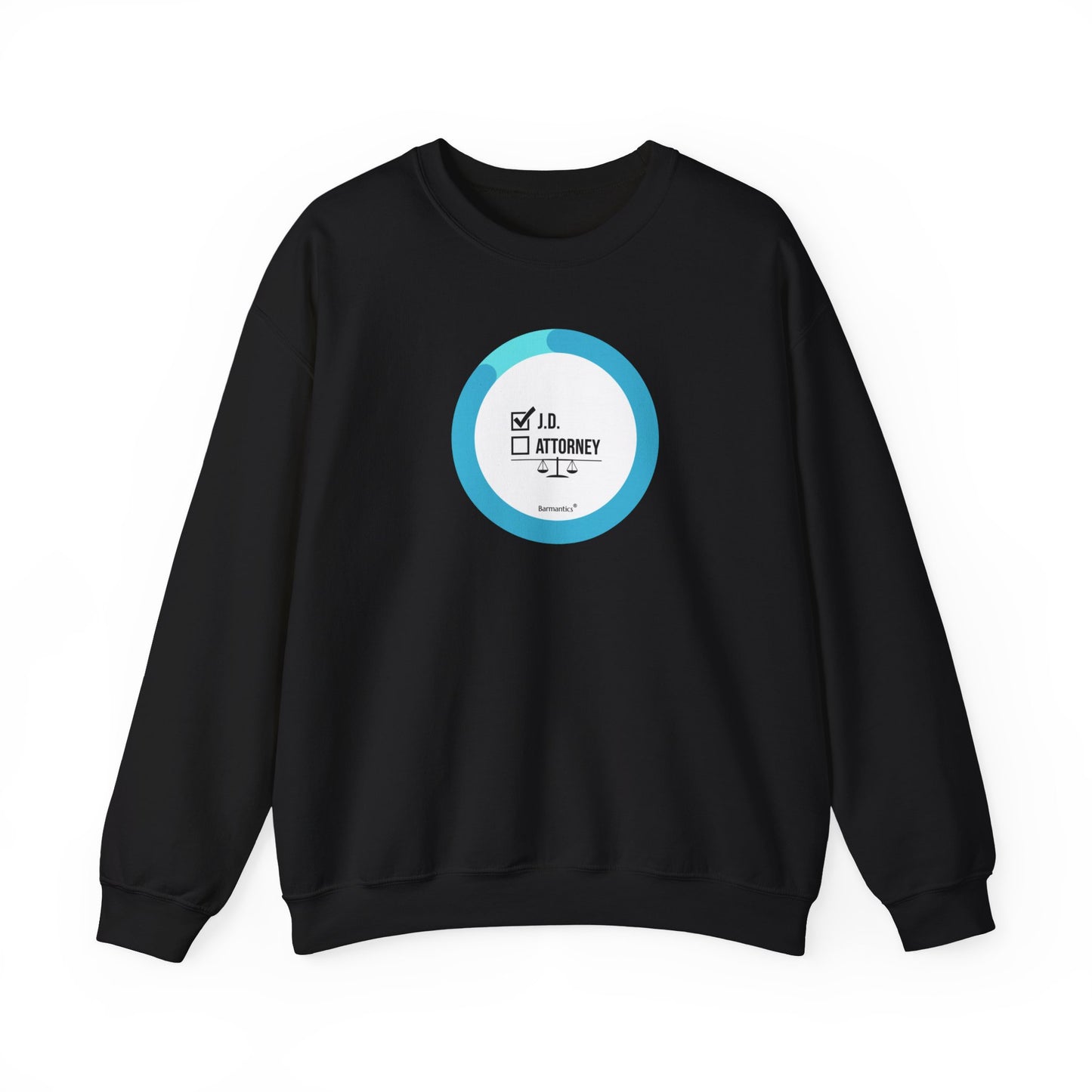 Black sweatshirt with Barmantics J.D. Check, Attorney Next graphic in blue circle with blue progression ring around it.
