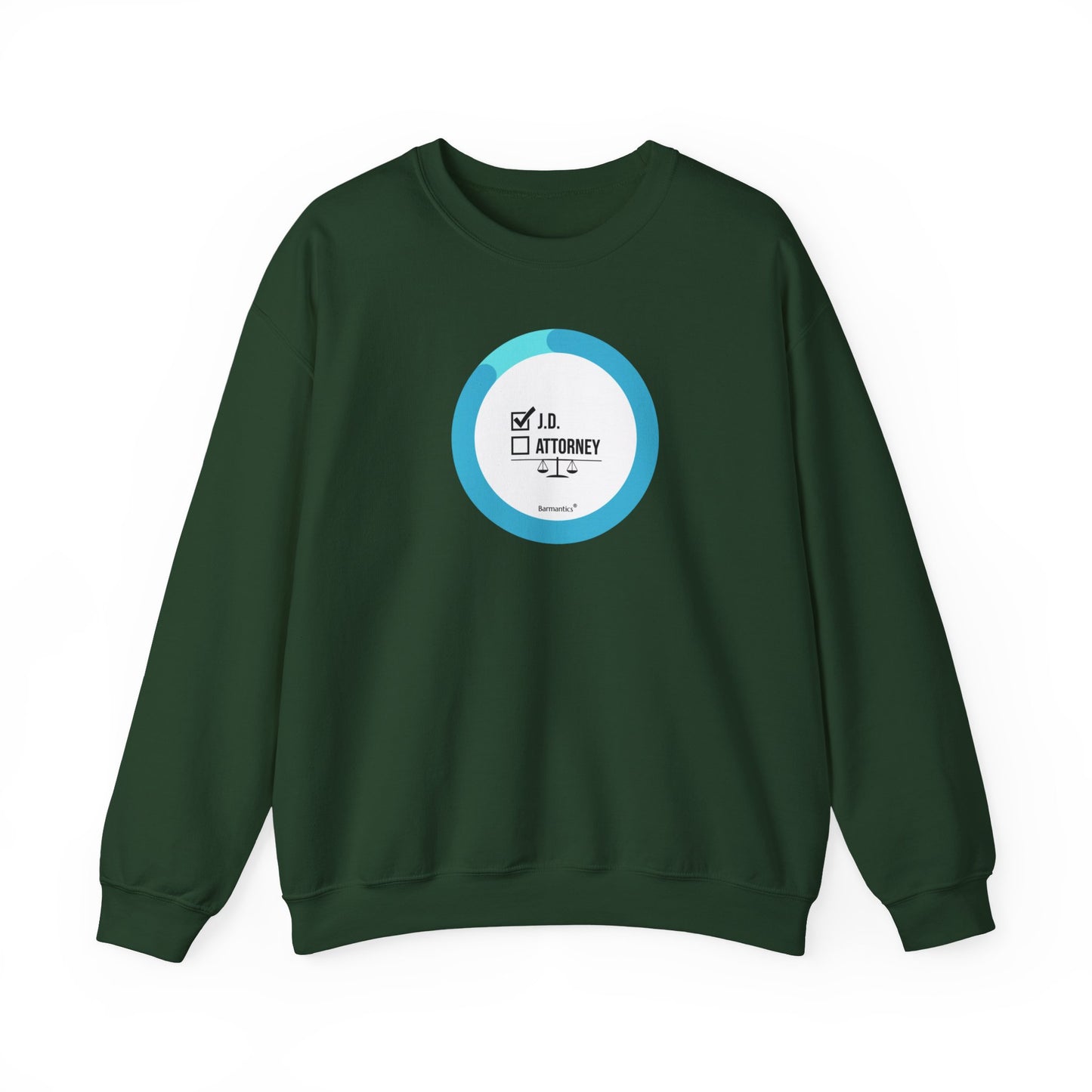 Green sweatshirt with J.D. checked off and attorney box left open to be checked off next in a blue progression ring with white background.