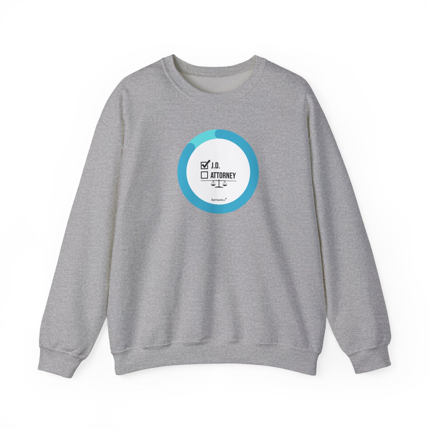 Gray sweatshirt with J.D. Check, Attorney Next in blue progression ring with white background from Barmantics Bar Prep Boutique.