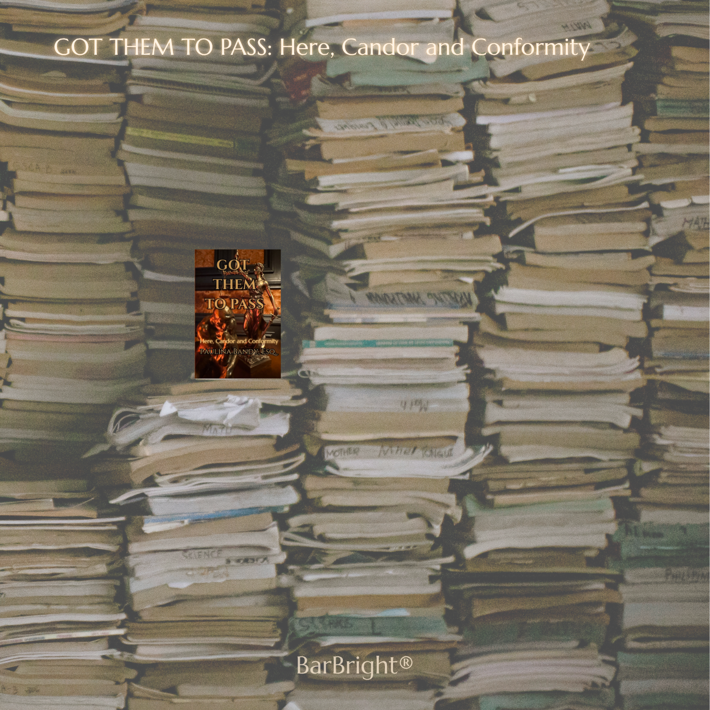 Book entitled GOT THEM TO PASS: Here, Candor and Conformity on top of the stacks of study materials.