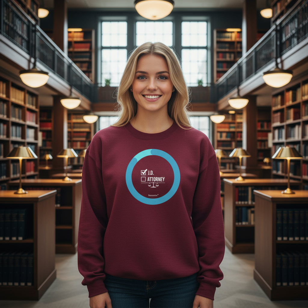 Woman wearing maroon sweatshirt with blue progression circle with J.D. check box checked and Attorney check box as the aspirational study goal.
