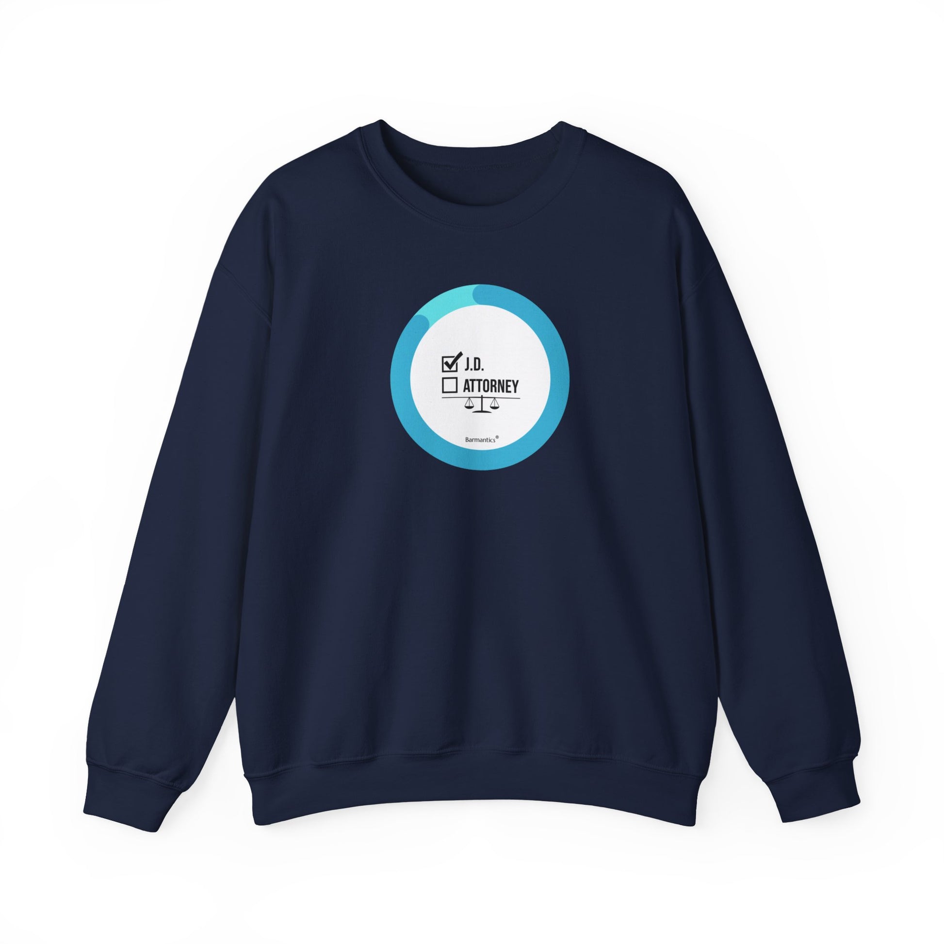 Navy blue sweatshirt with Barmantics graphic with J.D. being checked off and Attorney box waiting to be filled.