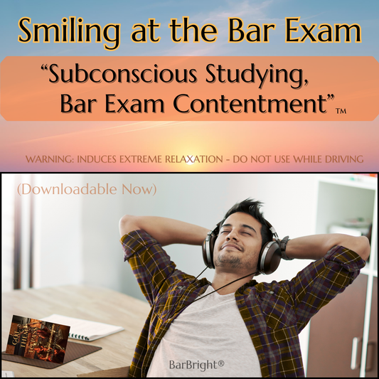 Smiling at the bar exam cover art for subconscious bar exam training download.