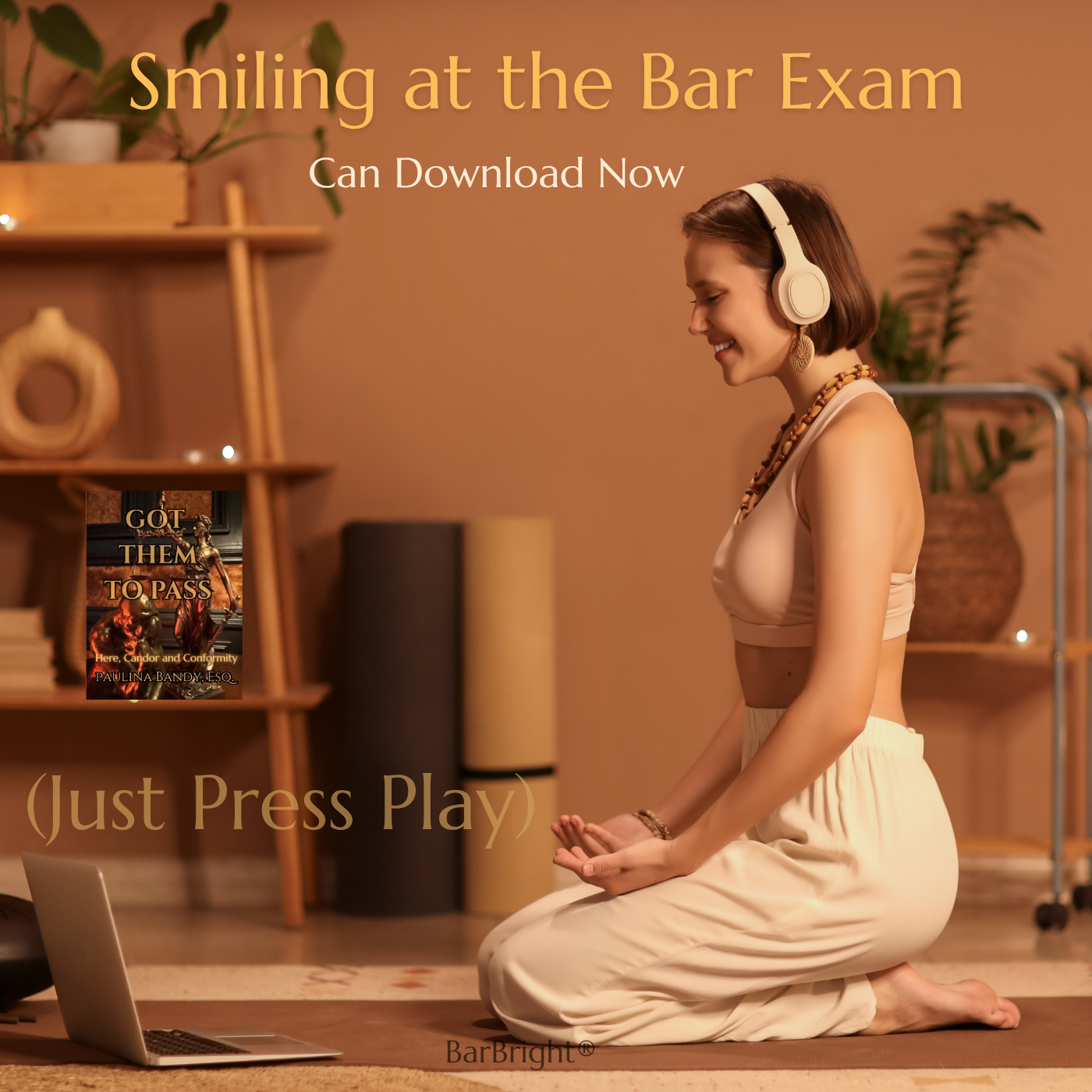 Bar exam candidate listening to Smiling at the Bar Exam to reduce stress and rehearse bar exam success.